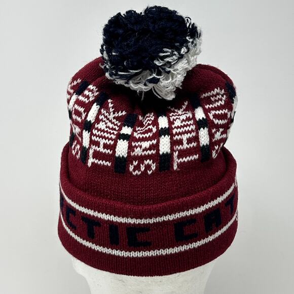 Vintage Arctic Cat Snowmobiles Cuffed Pom Pom Beanie Toque Winter Hat Red - Picture 5 of 7